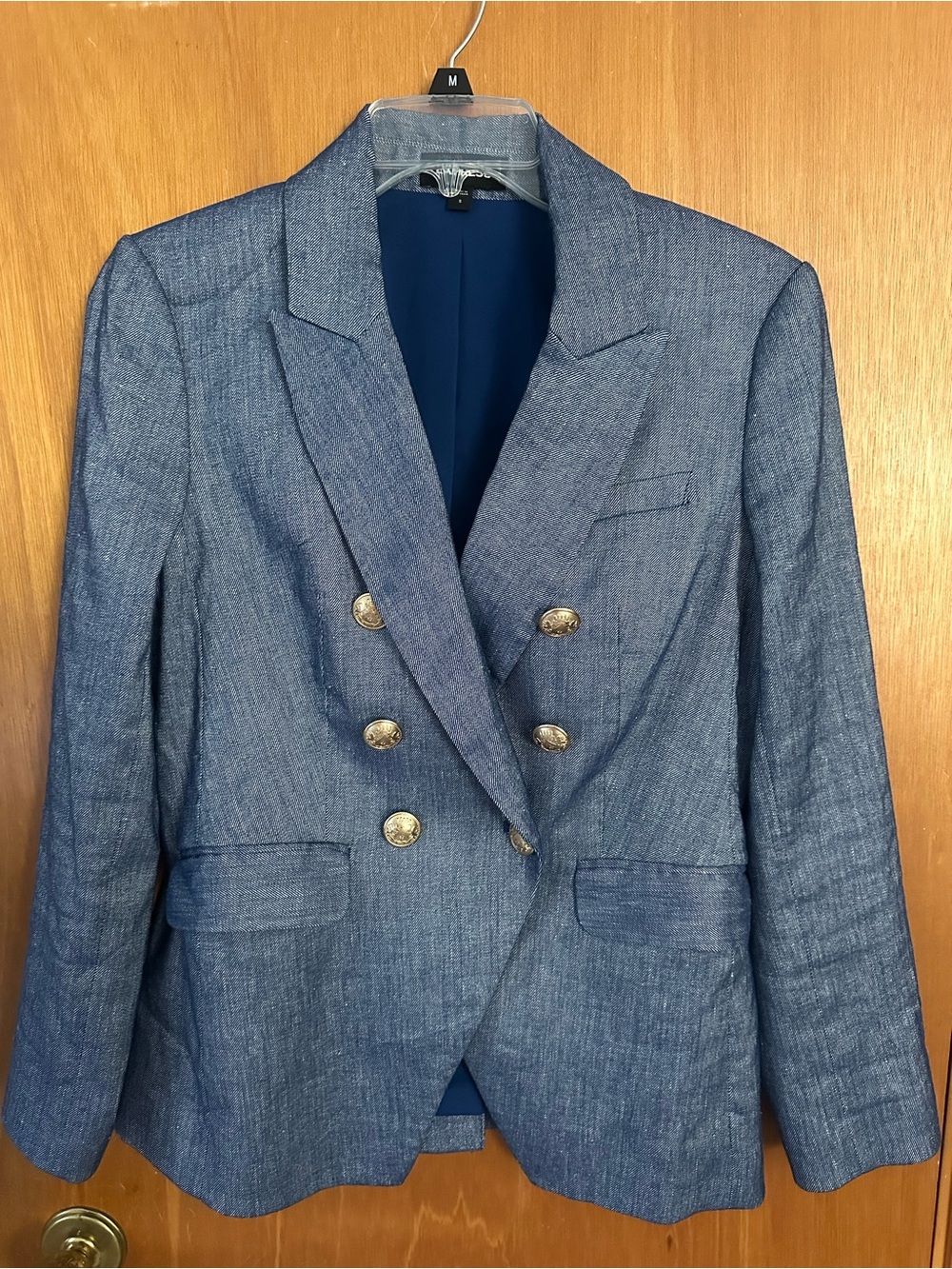 Express Blue Linen-Blend Double-Breasted Blazer Gold Buttons Size S